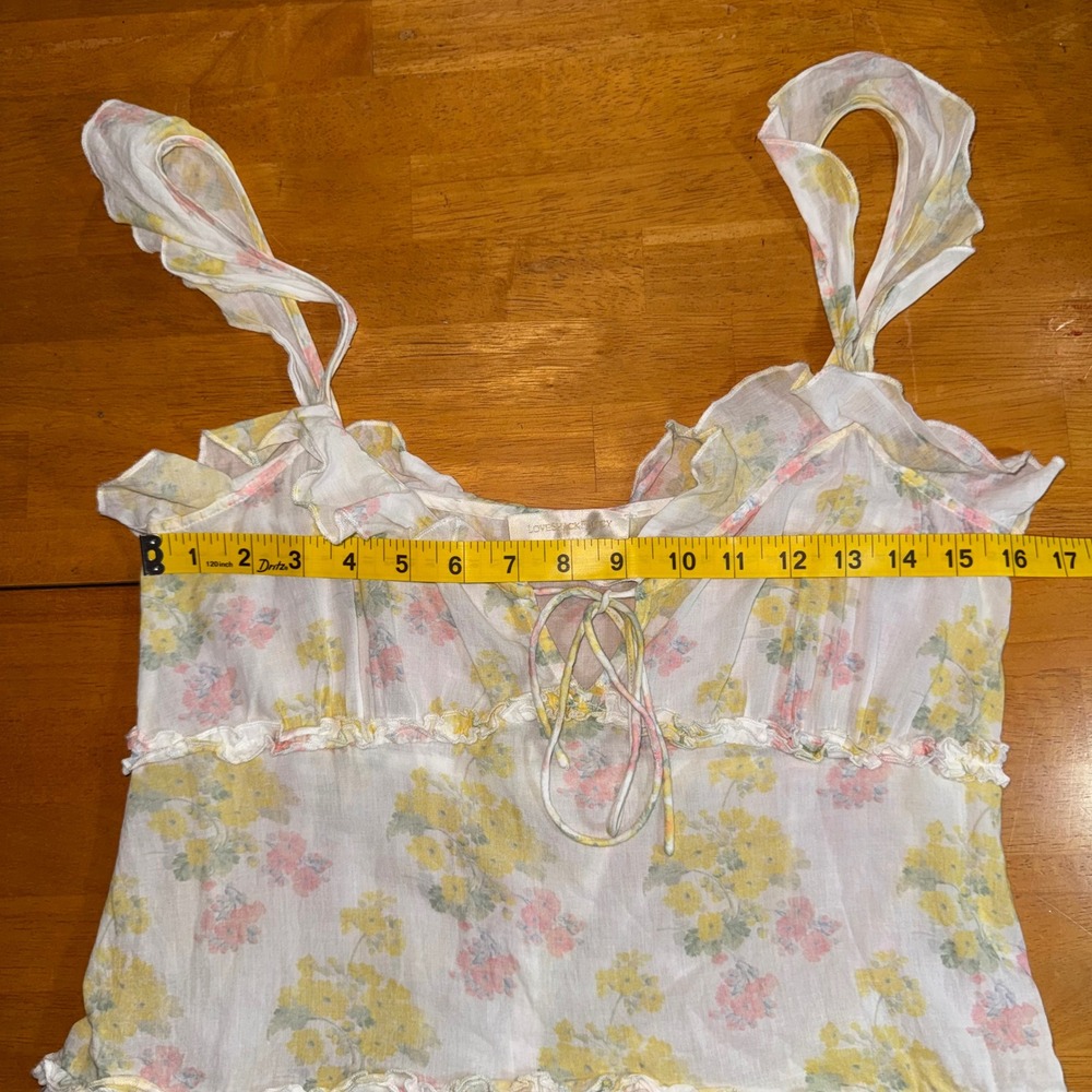 LoveShackFancy Yellow Floral Cotton Tiered Mini Dress Ruffle Straps Size Small - Picture 7 of 9